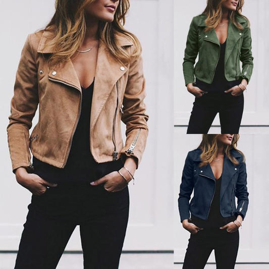 Lapel And Diagonal Zipper Short Women's jacket type