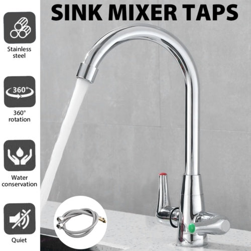 Modern Kitchen Sink Mixer Taps Swivel Spout Twin Lever Tap Mono Faucet Chrome